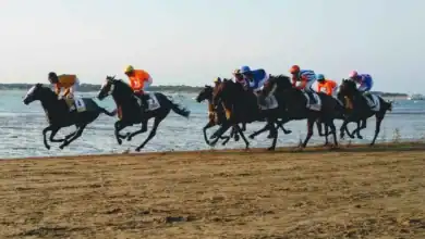 Caballos galopando con jinetes en la orilla de la playa durante las Carreras de Caballos de Sanlúcar de Barrameda.