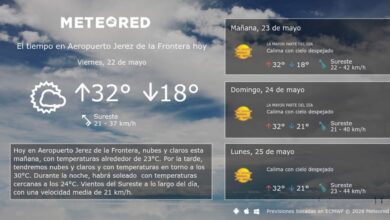 Previsión del tiempo en Jerez de la Frontera de Meteored con aviso de viento de sureste y temperaturas de hasta 32 grados.