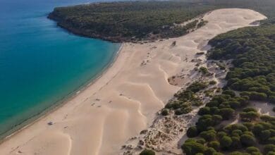 Vista aérea de la gran duna de la playa de Bolonia en Cádiz, una de las playas paradisíacas de Andalucía
