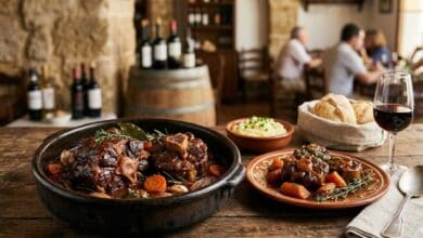 Guiso de receta de rabo de toro tradicional servido en un plato de barro con guarnición