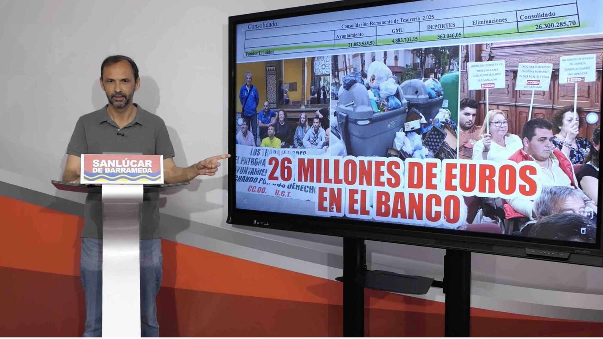 Víctor Mora señala la pantalla con los 26 millones de euros del presupuesto de Sanlúcar