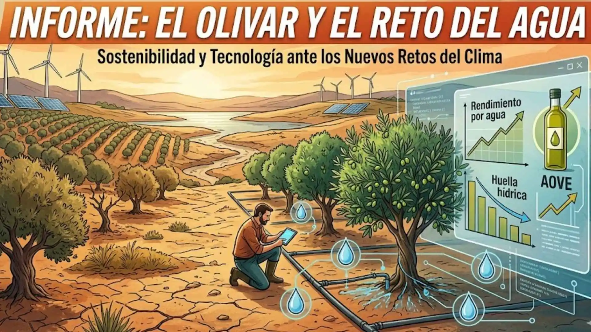 Análisis del sector agrícola con infografía sobre el cultivo del olivar, la gestión del agua y la tecnología frente al cambio climático.
