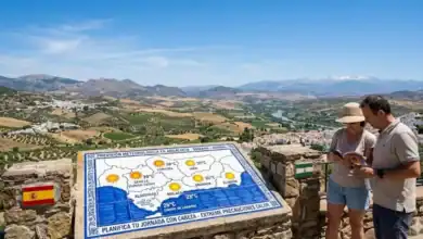Mapa de azulejos con la previsión meteorológica en Andalucía para organizar la semana laboral frente a un mirador