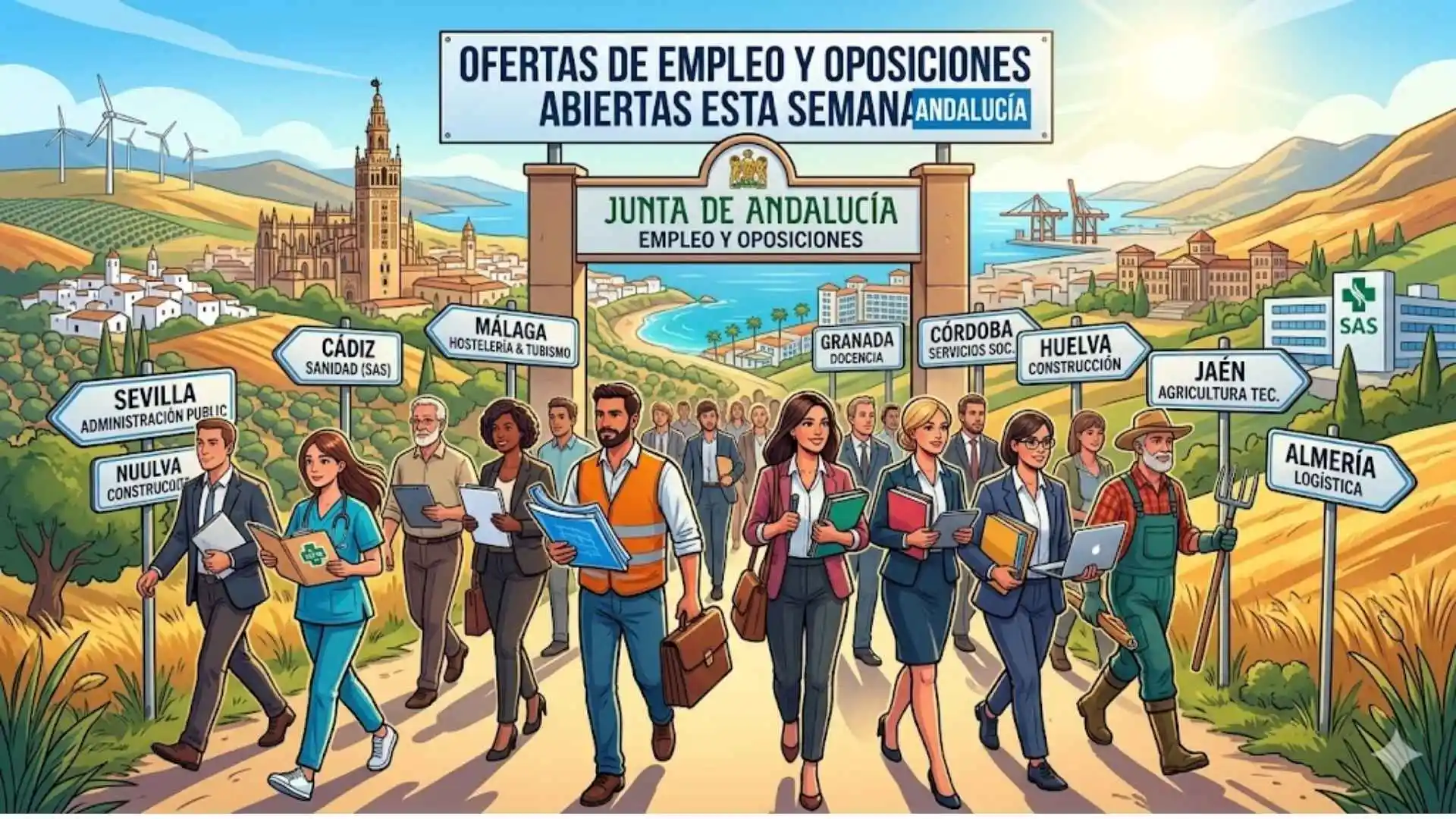 Cartel informativo de ofertas de empleo y oposiciones abiertas esta semana en Andalucía Junta de Andalucía y el SAS.