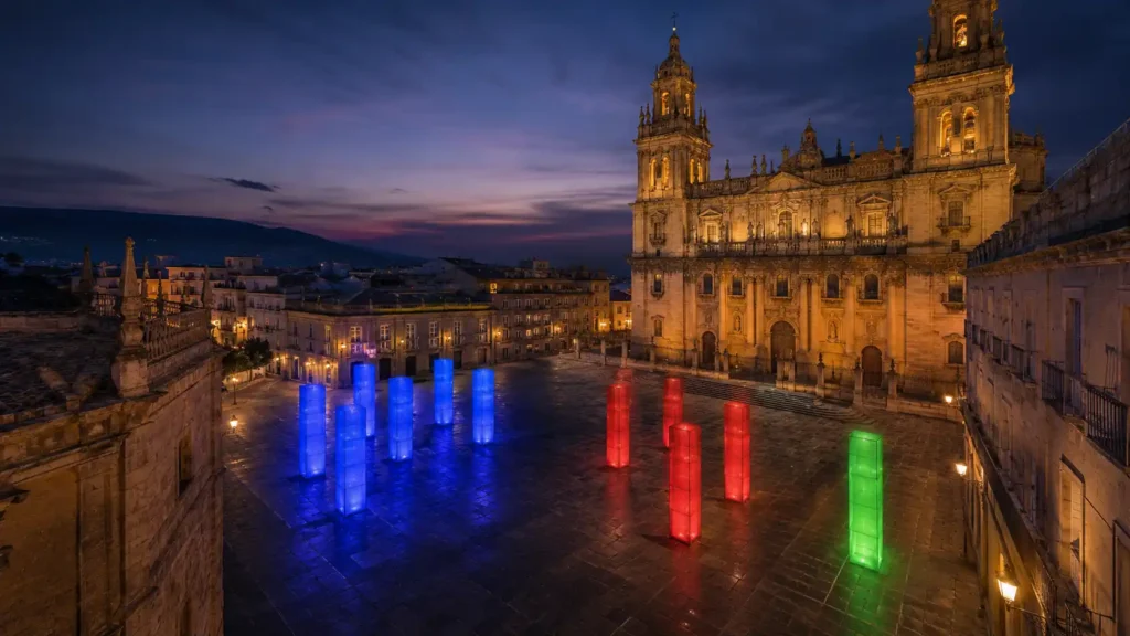 Plaza iluminada frente a la Catedral de Jaén al anochecer, con columnas de luz azul, roja y verde.
