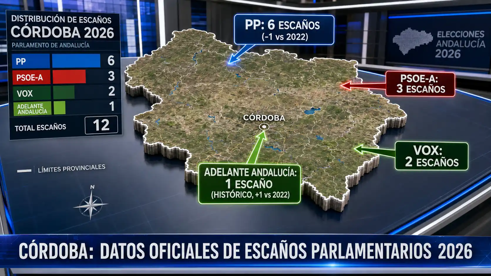 Mapa tridimensional de la provincia de Córdoba con la distribución de escaños parlamentarios de Andalucía 2026.