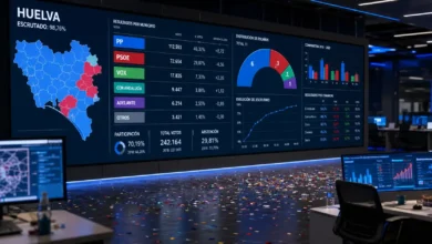 Sala de análisis electoral con pantallas mostrando los resultados oficiales de las elecciones en Huelva 2026.