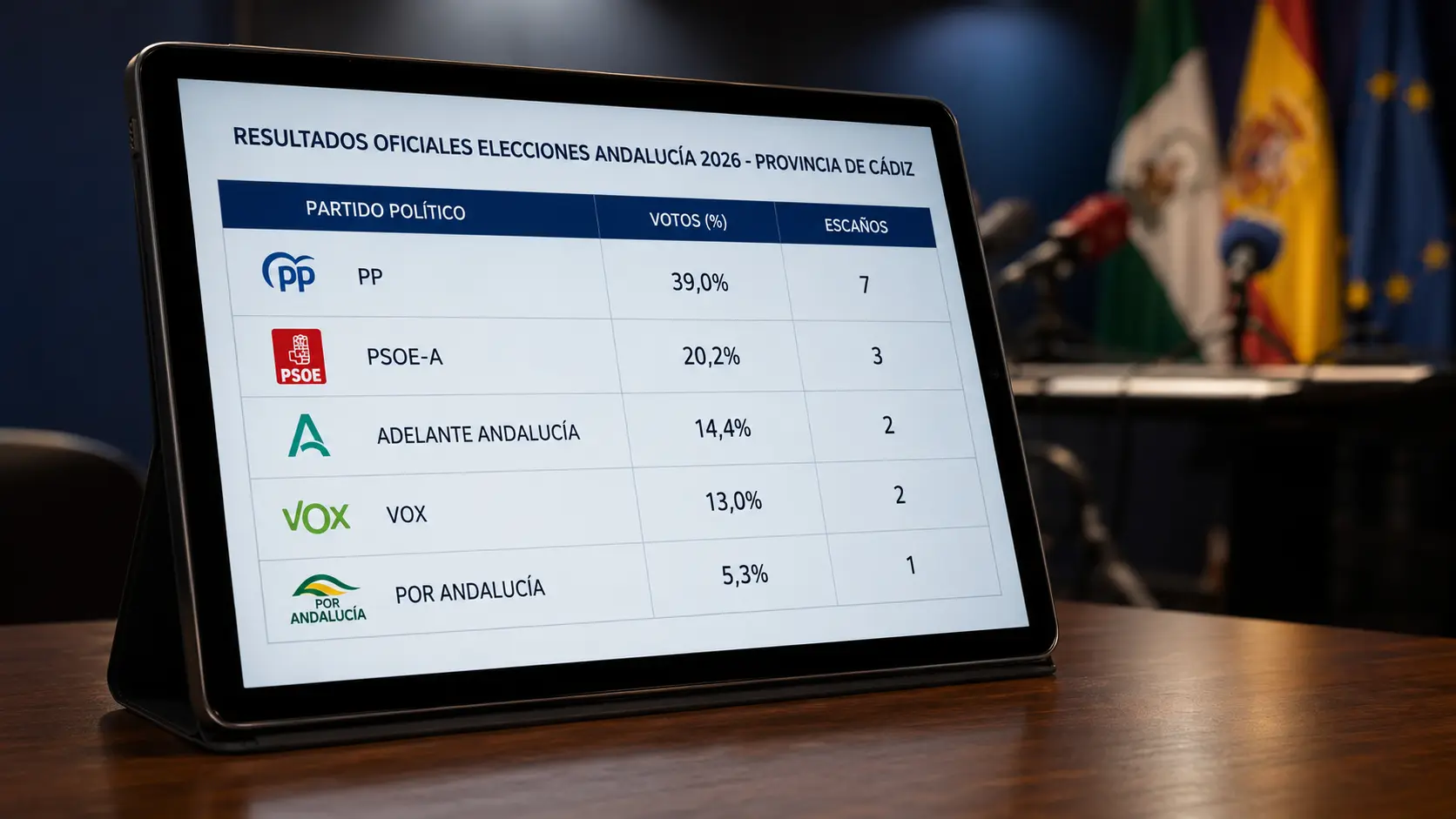 Pantalla con los resultados oficiales de las elecciones andaluzas 2026 en la provincia de Cádiz.