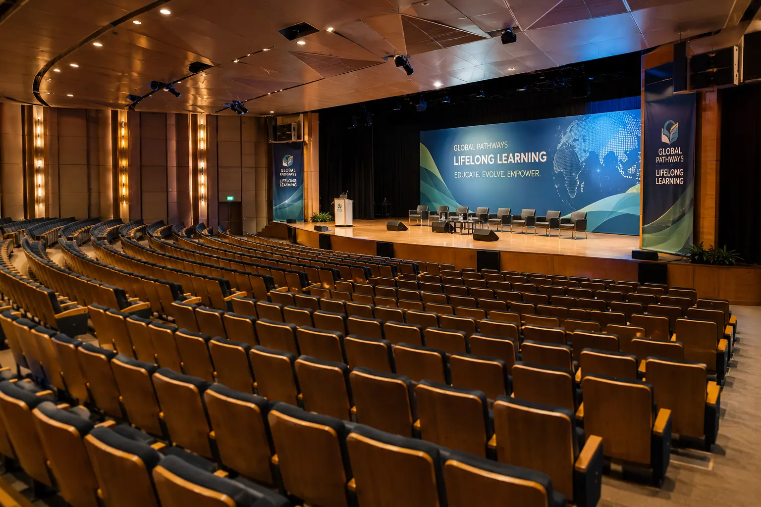 Auditorio moderno con escenario preparado para una conferencia internacional sobre aprendizaje continuo.