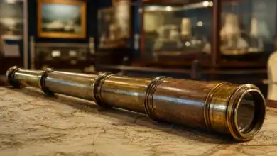 Telescopio marítimo antiguo de latón sobre un mapa náutico en un museo de San Fernando.