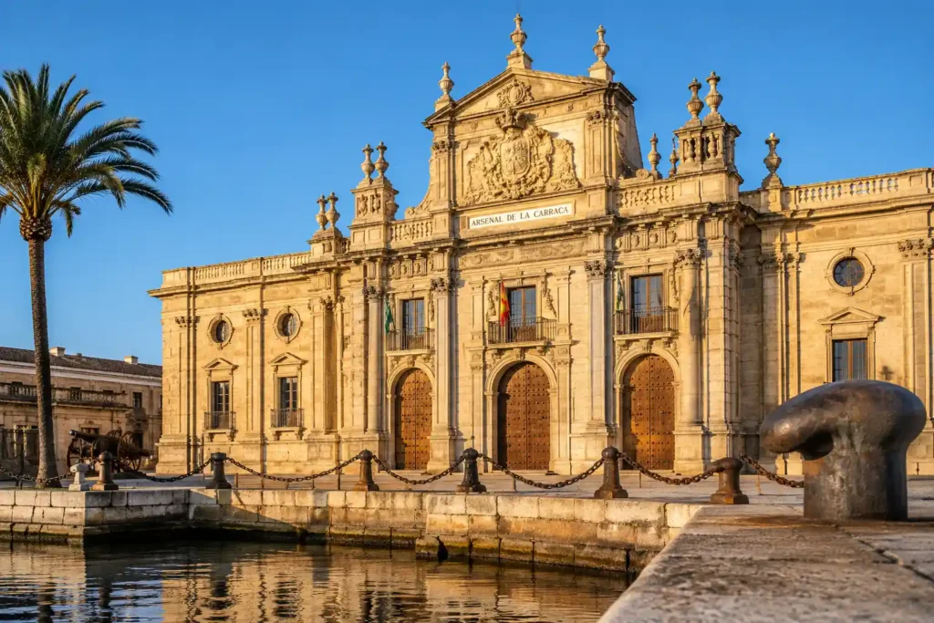 Fachada del Arsenal de La Carraca iluminada por el sol, junto al canal en San Fernando, Cádiz.