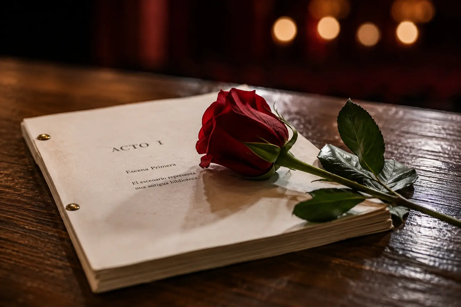 Guion teatral con una rosa roja sobre una mesa de madera en un escenario iluminado.