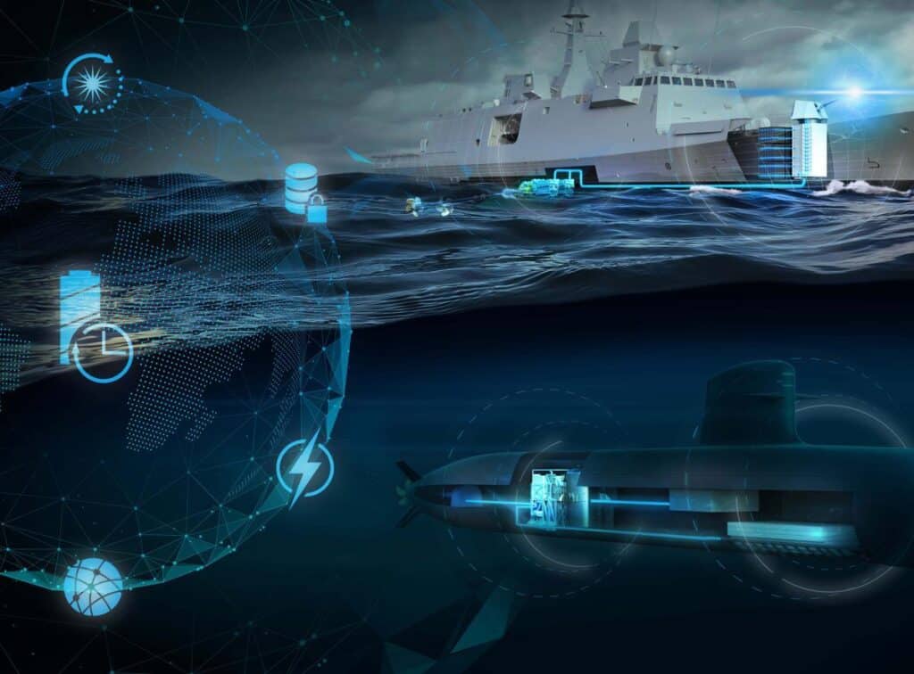 Buque militar y submarino conectados por sistemas digitales y energéticos bajo el mar, con iconos tecnológicos.