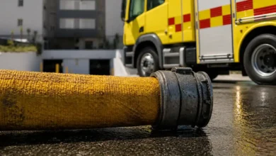 Manguera amarilla de bomberos sobre el suelo mojado, con un camión de bomberos amarillo al fondo frente a un edificio residencial.