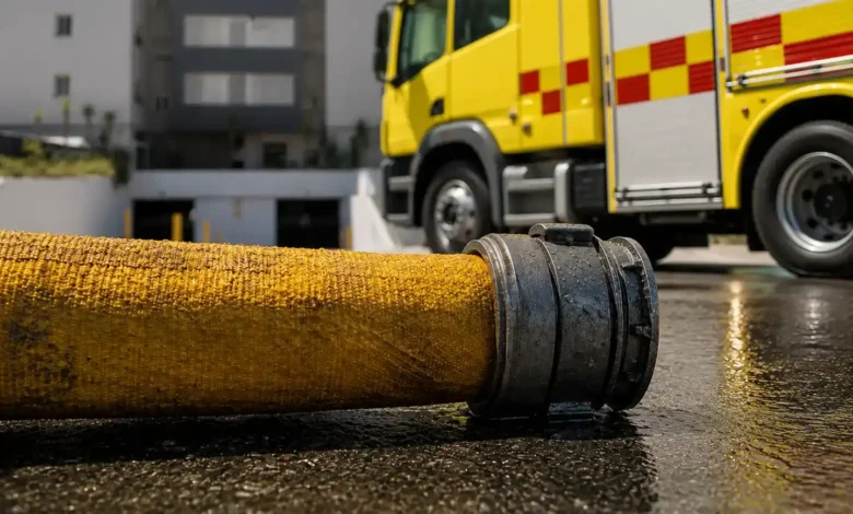 Manguera amarilla de bomberos sobre el suelo mojado, con un camión de bomberos amarillo al fondo frente a un edificio residencial.