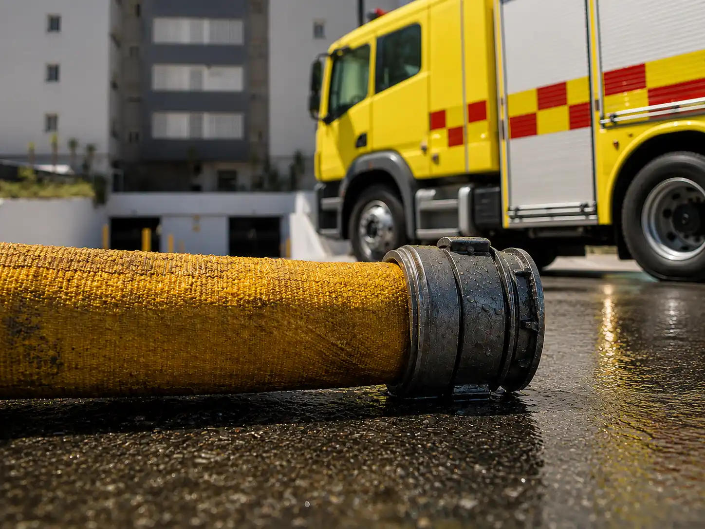 Manguera amarilla de bomberos sobre el suelo mojado, con un camión de bomberos amarillo al fondo frente a un edificio residencial.