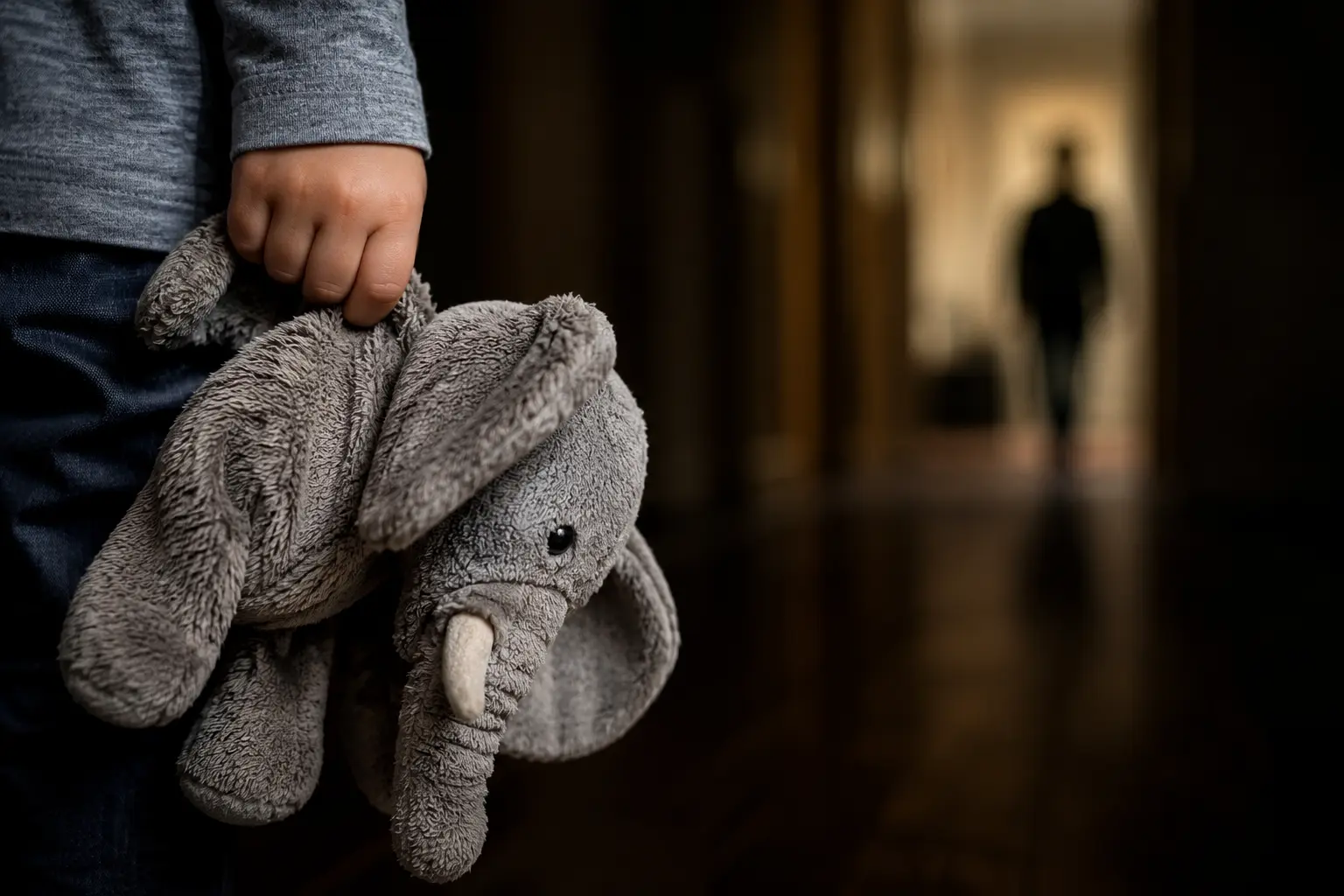 Niña sosteniendo un peluche de elefante en un pasillo oscuro.