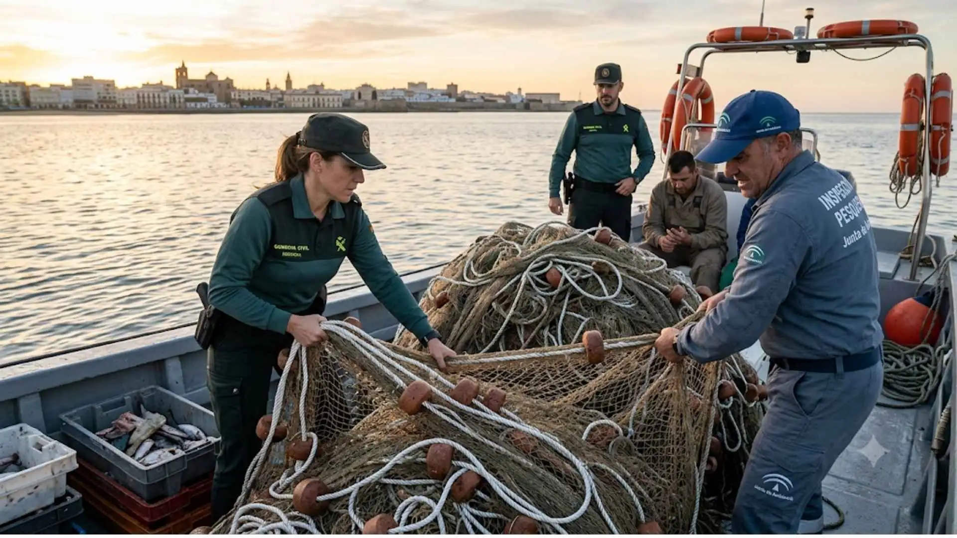 Una agente de la Guardia Civil y un inspector de pesca de la Junta de Andalucía inspeccionan una red de trasmallo ilegal en un barco en la Bahía de Cádiz al amanecer.