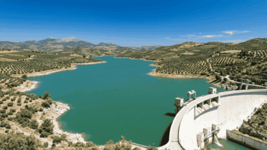 Embalse en Andalucía con agua en niveles moderados y paisaje montañoso.