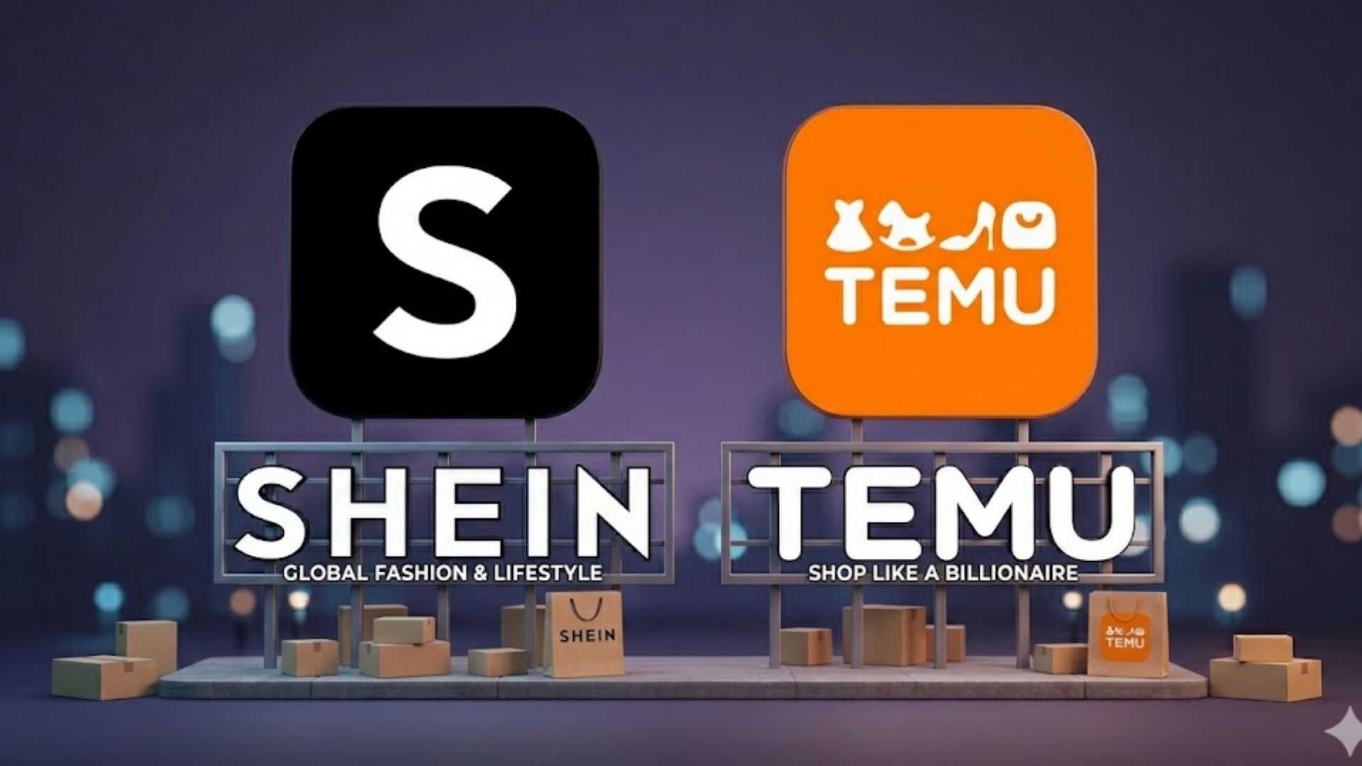 Logotipos de Shein y Temu iluminados en vallas publicitarias digitales con cajas de cartón en el suelo.