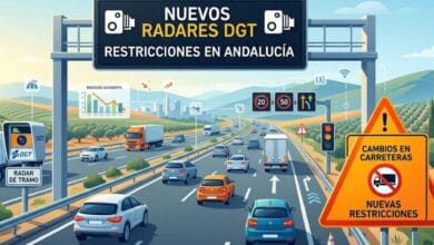 Panel luminoso de la DGT informando sobre nuevos radares y restricciones en una autovía de Andalucía.