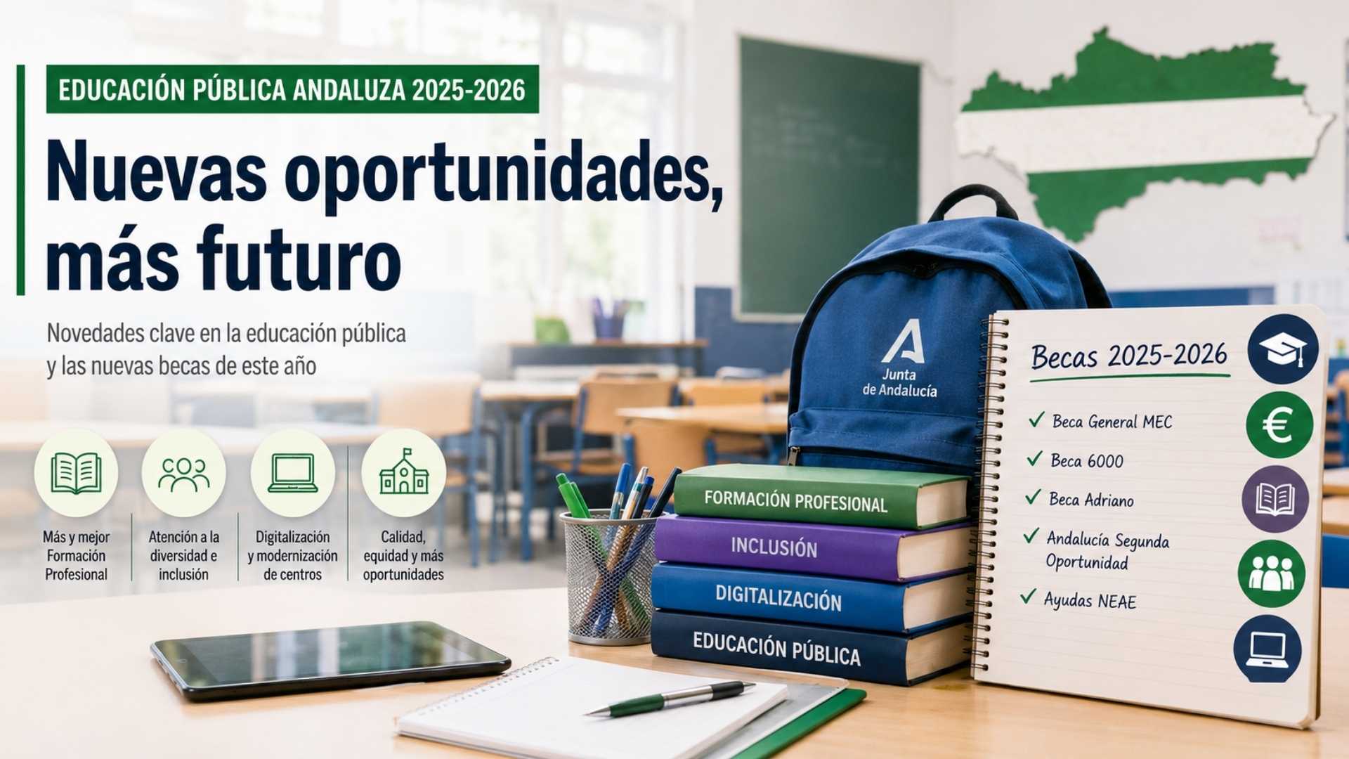Cartel de la educacion publica andaluza con el listado de nuevas becas y ayudas escolares