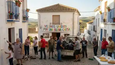 Vecinos unidos colaborando en una calle típica, reflejo de las historias solidarias de pueblos andaluces.