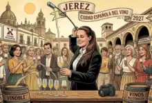 Ilustración de una venenciadora sirviendo vino de Jerez durante la presentación de la candidatura a Ciudad Española del Vino 2027.