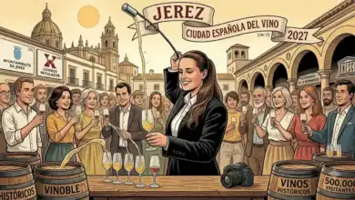 Ilustración de una venenciadora sirviendo vino de Jerez durante la presentación de la candidatura a Ciudad Española del Vino 2027.