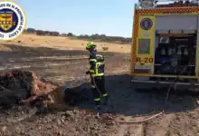 Bombero del Consorcio de la Provincia de Cádiz trabajando en la extinción de un incendio forestal en un campo.