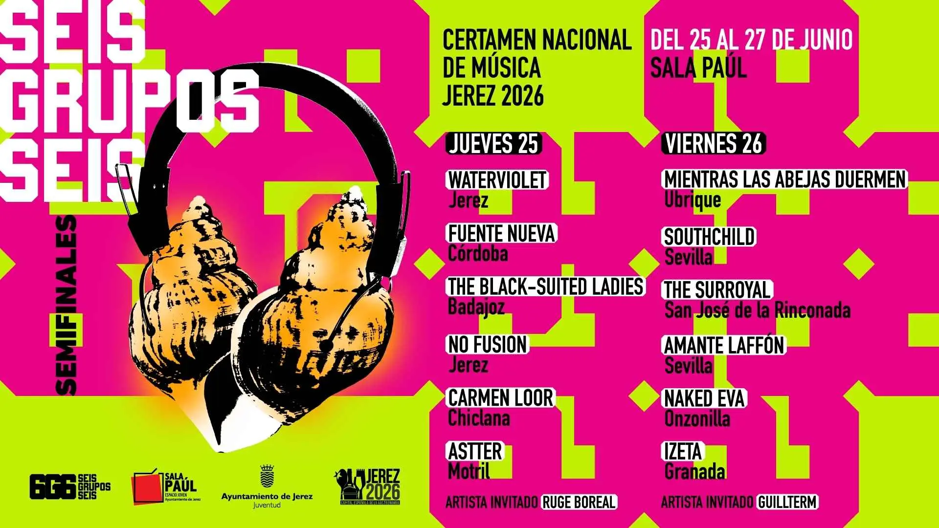 Cartel del Certamen Musical 6 Grupos 6 en Jerez, con actuaciones en la Sala Paúl y Plaza del Banco.