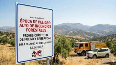 Señal de advertencia sobre peligro de incendios forestales en Andalucía, prohibición de fuego y barb.