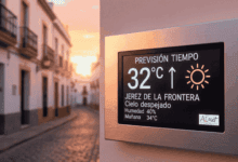 Termómetro digital muestra 32°C en Jerez de la Frontera.