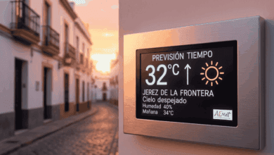 Termómetro digital muestra 32°C en Jerez de la Frontera.