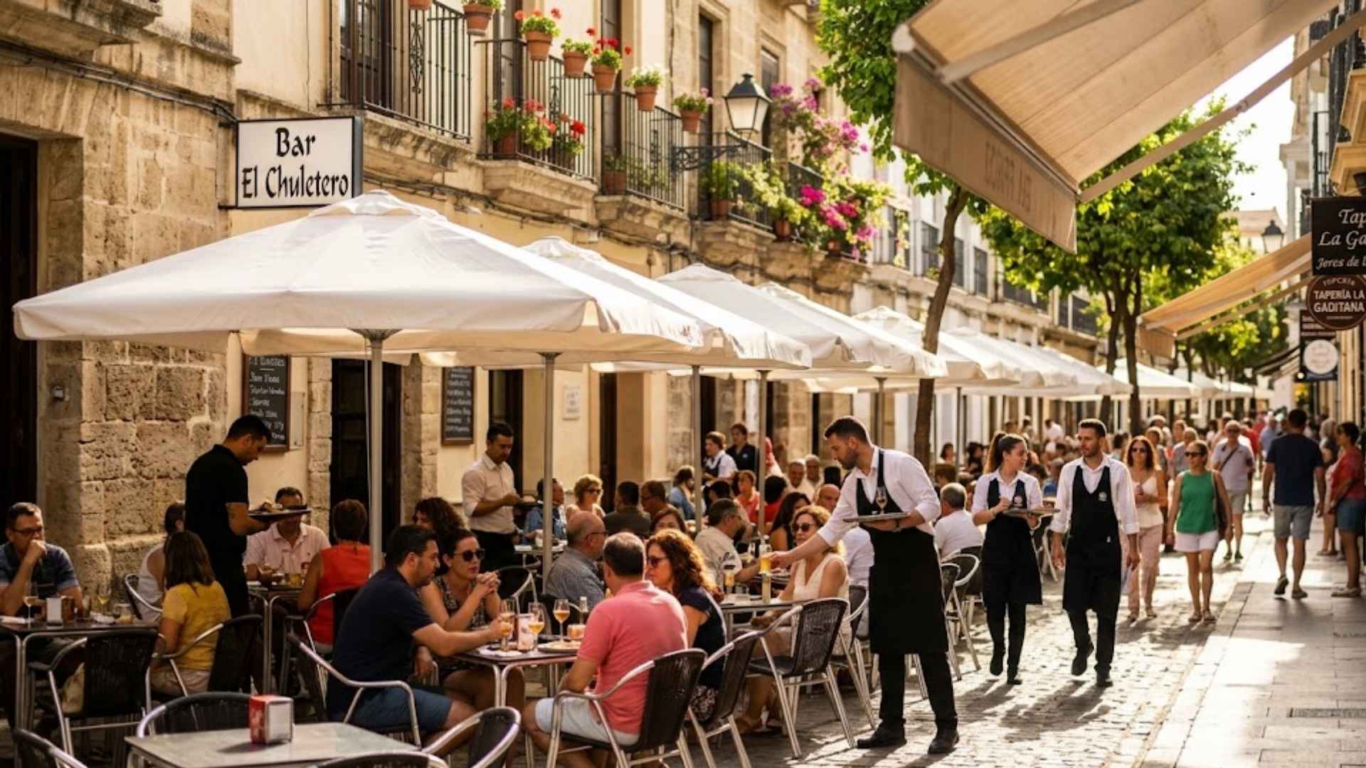 Cafetería en Jerez con clientes y camareros en la calle.