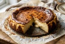 Tarta de queso casera con corte, lista para servir en un plato.