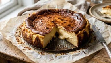 Tarta de queso casera con corte, lista para servir en un plato.
