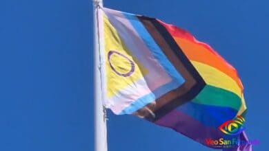 Bandera del orgullo LGBTQ+ ondeando en el viento bajo cielo azul.