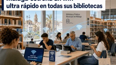 Biblioteca pública de Málaga con usuarios usando wifi ultra rápido.