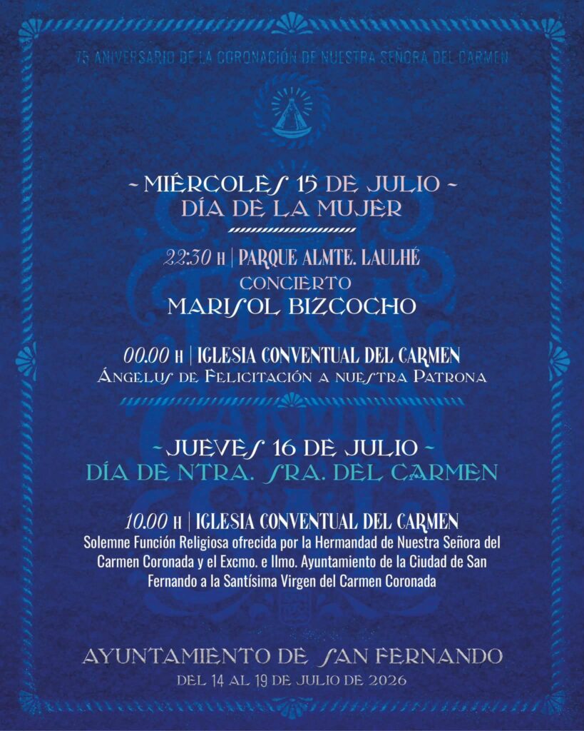 Cartel de eventos del Día de la Mujer y la Virgen del Carmen en San Fernando.