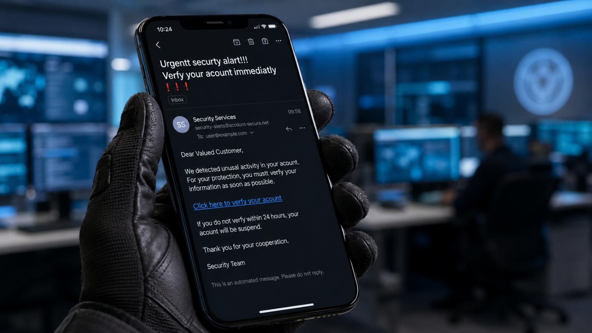Mano con guante negro sosteniendo un smartphone que muestra un correo electrónico de phishing con una alerta de seguridad falsa.