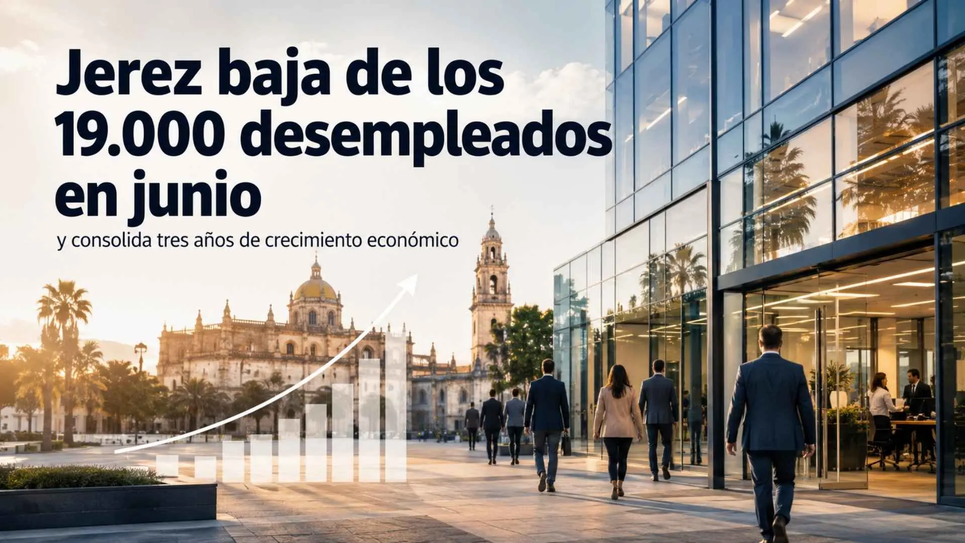 Gráfico de crecimiento económico superpuesto a una vista monumental de Jerez de la Frontera con profesionales.