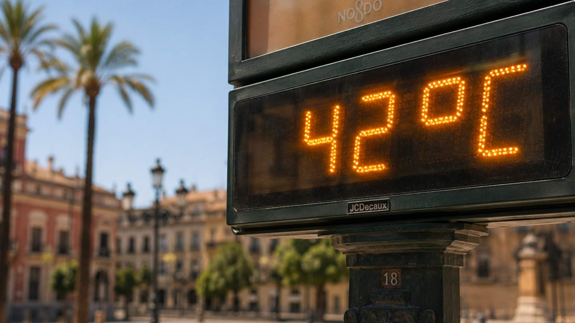 Avisos por altas temperaturas en Andalucía mostrando un termómetro digital de calle a 42 grados en Sevilla.