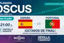 Pantalla gigante en la Explanada Oscus de San Pablo para ver el partido España contra Portugal de octavos de final del Mundial 2026.