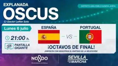 Pantalla gigante en la Explanada Oscus de San Pablo para ver el partido España contra Portugal de octavos de final del Mundial 2026.