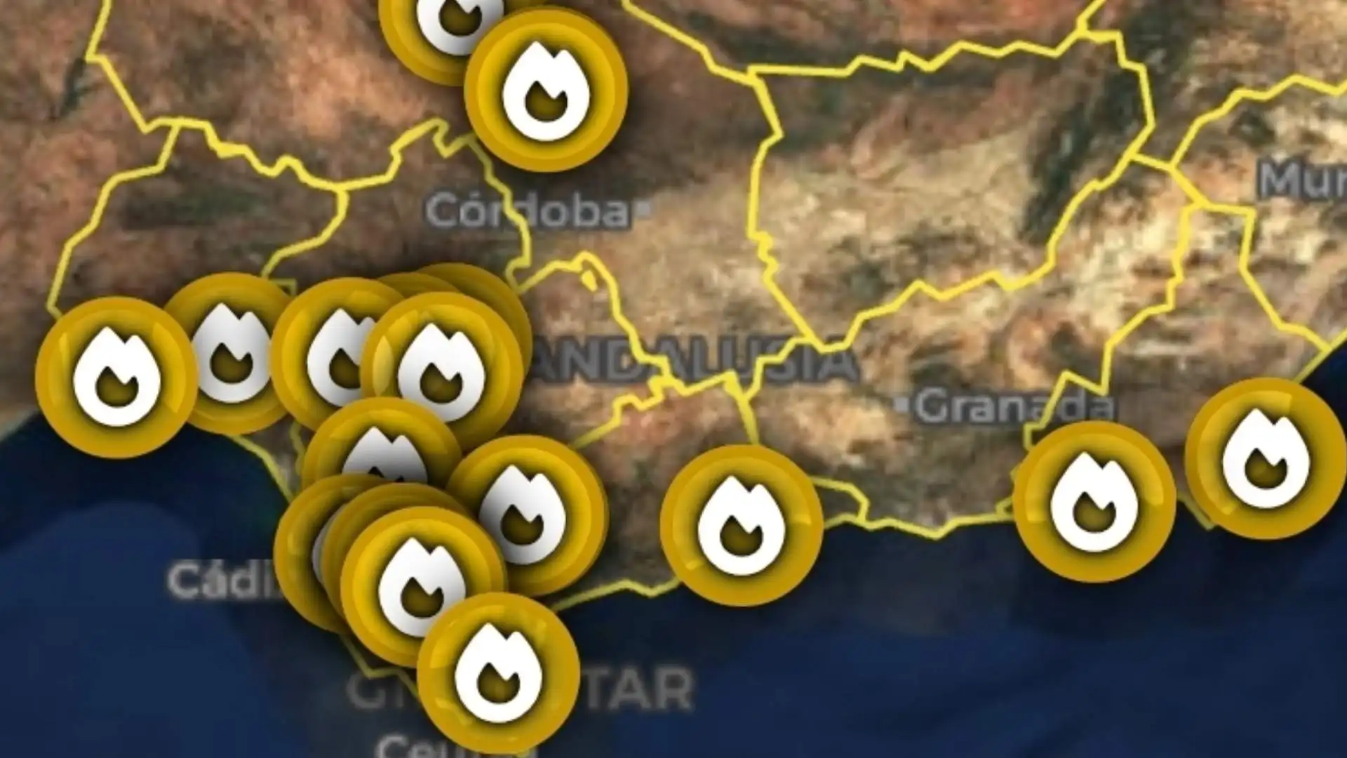 Mapa de situación de incendios forestales activos en Andalucía a 6 de julio de 2026.
