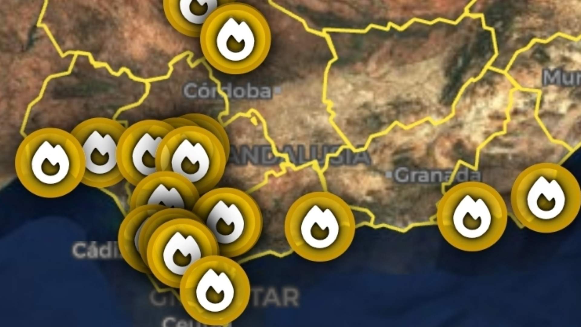 Mapa de situación de incendios forestales activos en Andalucía a 6 de julio de 2026.