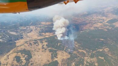 Vista aérea de la columna de humo provocada por el incendio forestal en el Parque Natural de la Sierra de Grazalema.