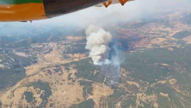 Vista aérea de la columna de humo provocada por el incendio forestal en el Parque Natural de la Sierra de Grazalema.