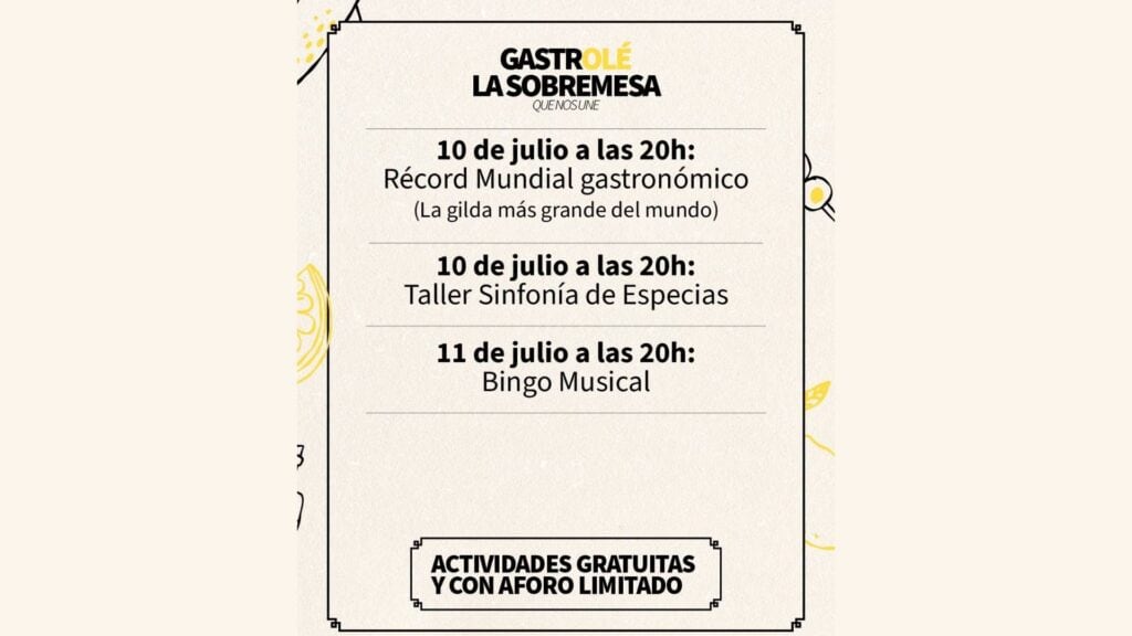 Cartel informativo de las actividades de GastrOlé: La sobremesa que nos une.